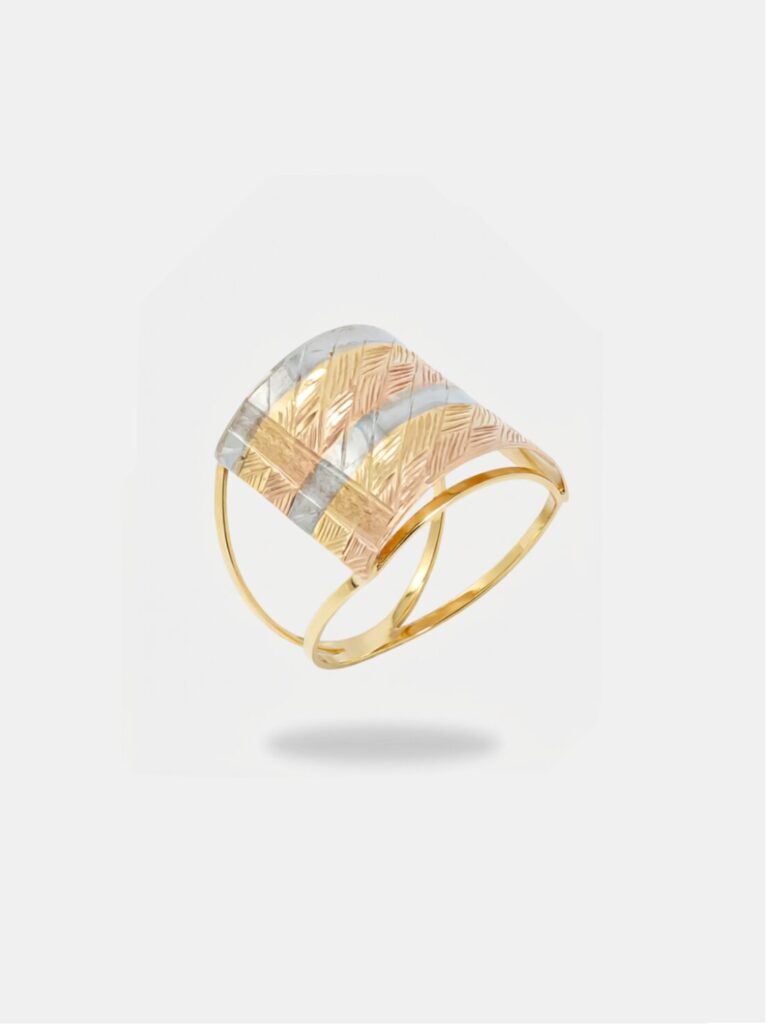 anel ouro 18k placa com tres ouros esculpidos