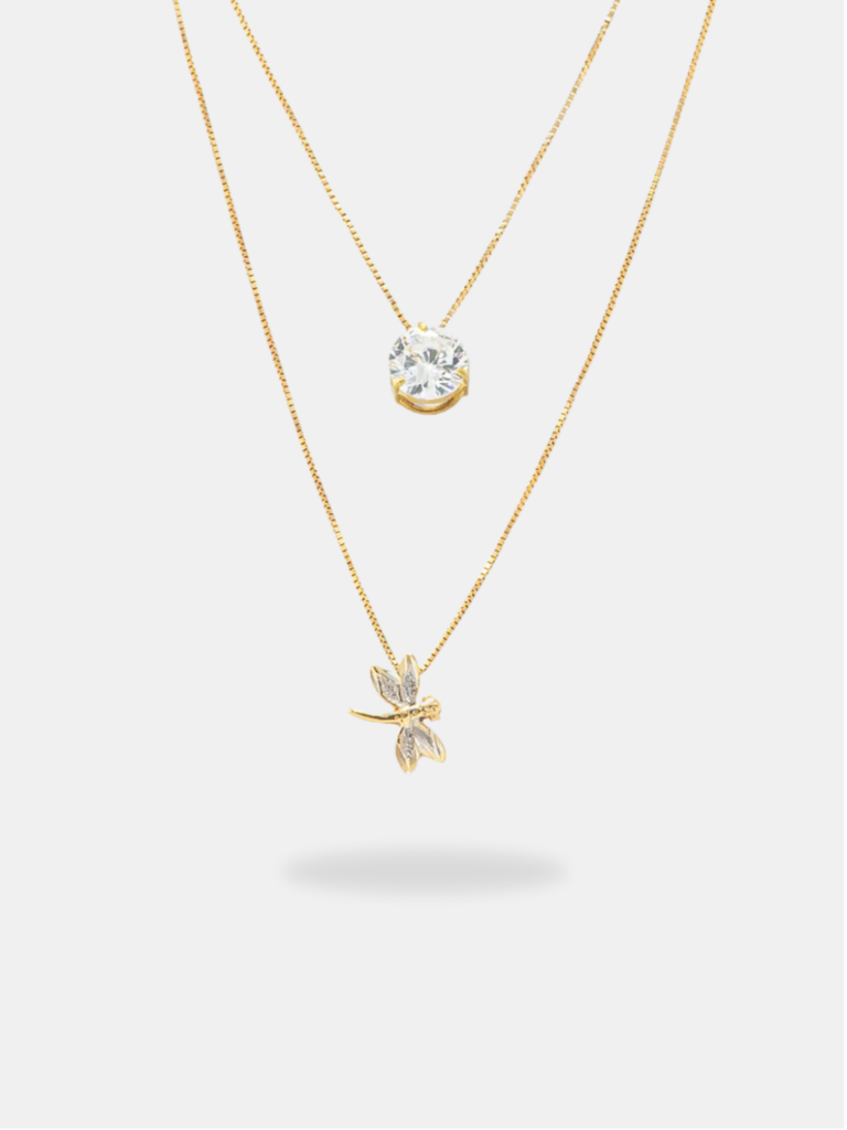 corrente ouro 18k veneziana fina com pingente ponto de luz e libélula