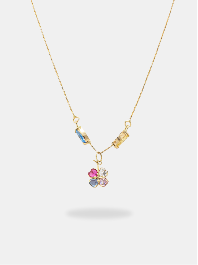corrente ouro 18k veneziana fina com pingente de trevo multicolor articulado