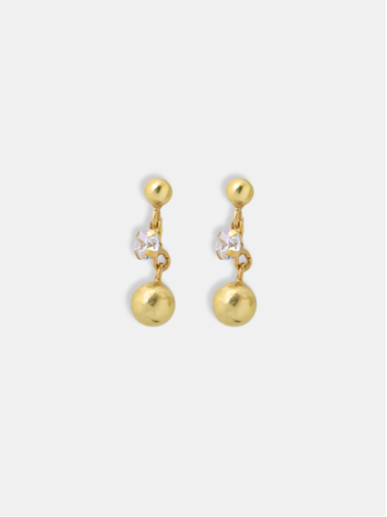 brinco ouro 18k duas zirconias e bolina de ouro articulado