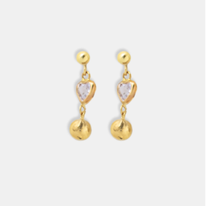 brinco ouro 18k duas bolinhas e coração de zircônia central articulado