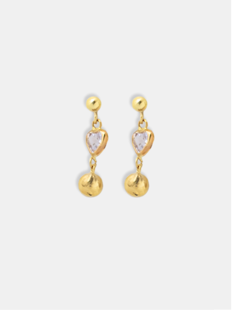 brinco ouro 18k duas bolinhas e coração de zircônia central articulado