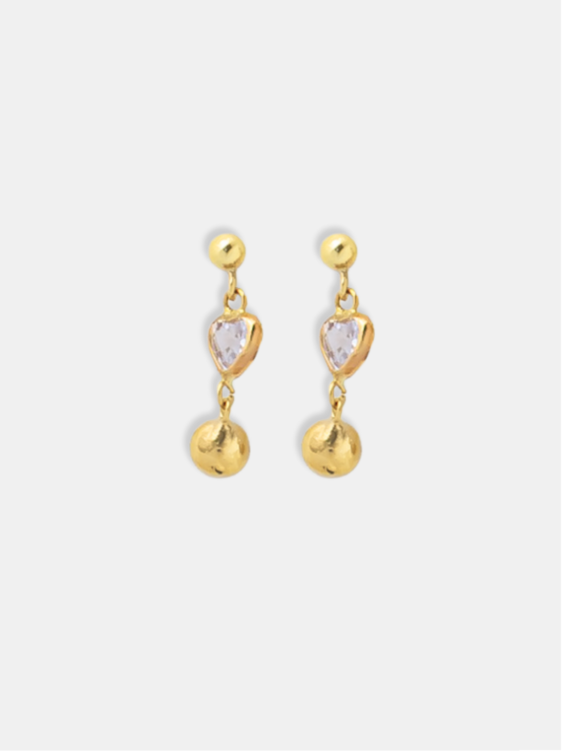 brinco ouro 18k duas bolinhas e coração de zircônia central articulado