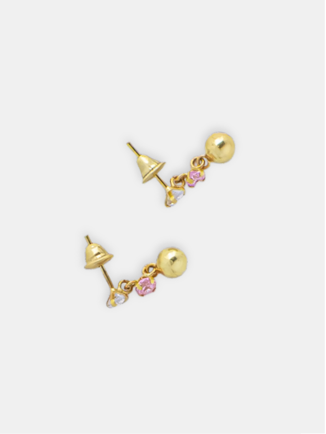 brinco ouro 18k duas zirconias e bolina de ouro articulado