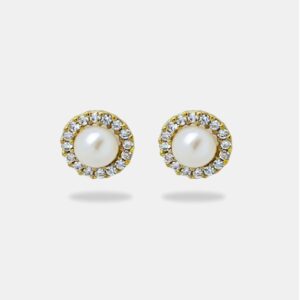 brinco ouro 18k perola adornado com zirconias