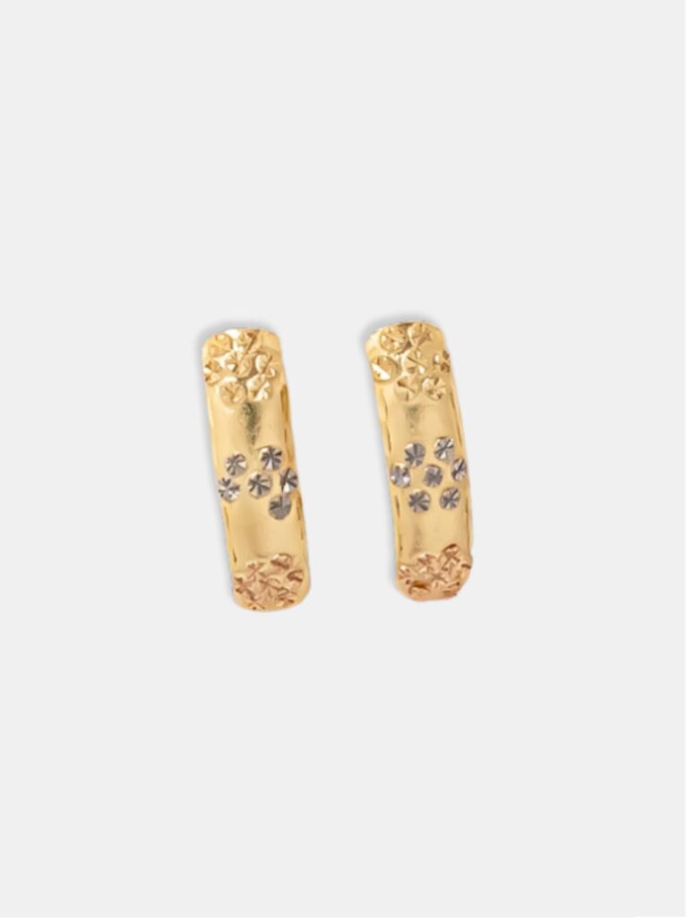 brinco ouro 18k comprido com florzinhas três ouros