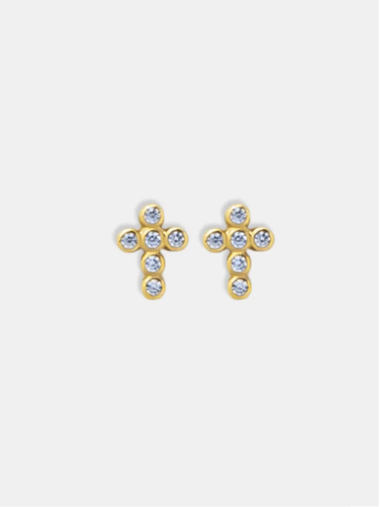 brinco ouro 18k de cruz cravejado transparente