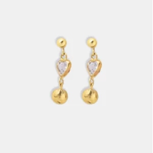 brinco ouro 18k duas bolinhas e coração de zircônia central articulado