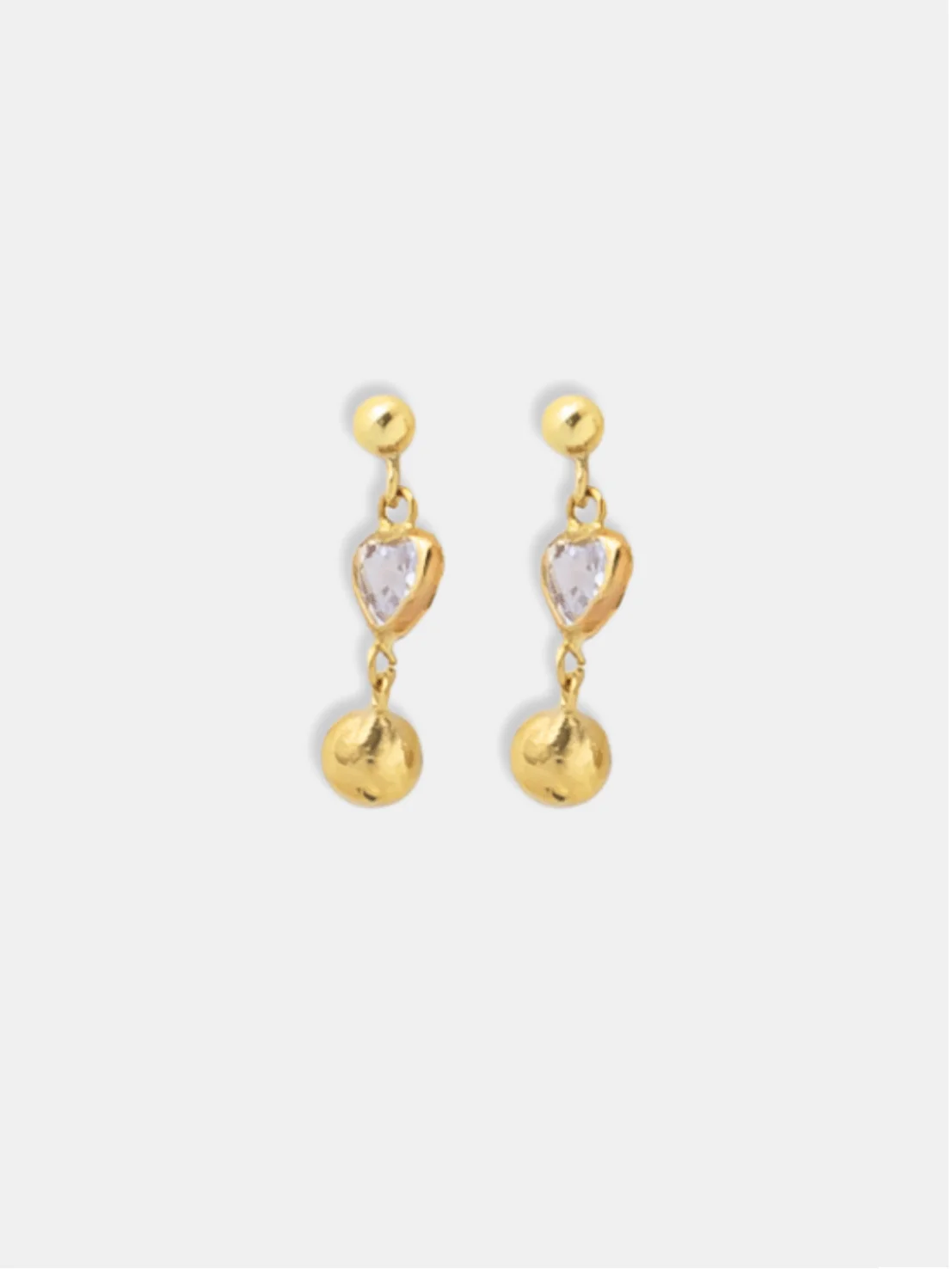 brinco ouro 18k duas bolinhas e coração de zircônia central articulado
