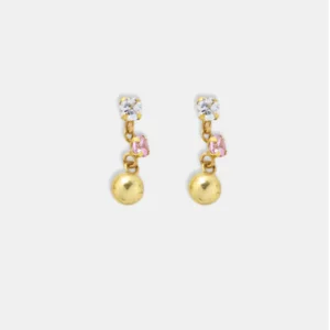 brinco ouro 18k duas zirconias e bolina de ouro articulado