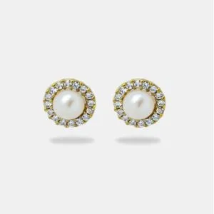 brinco ouro 18k perola adornado com zirconias